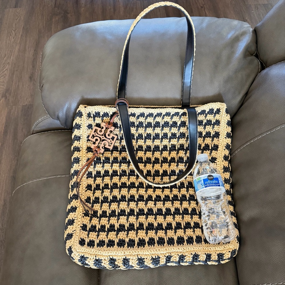 Tory Burch Black Raffia Straw Tote - Picture 9 of 10